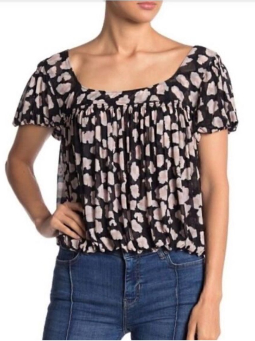 Free People Women's Black and Pink Floral/Cheetah Puff-Sleeve Top